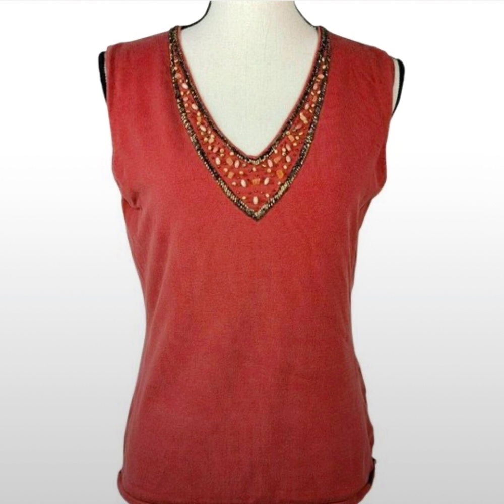Women’s Style & Co Rust Colored Sleeveless Beaded V Neck Knit Top  Size L